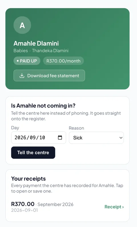 Zande parent portal on a phone: the child's fee status, a downloadable statement and a way to report an absence.