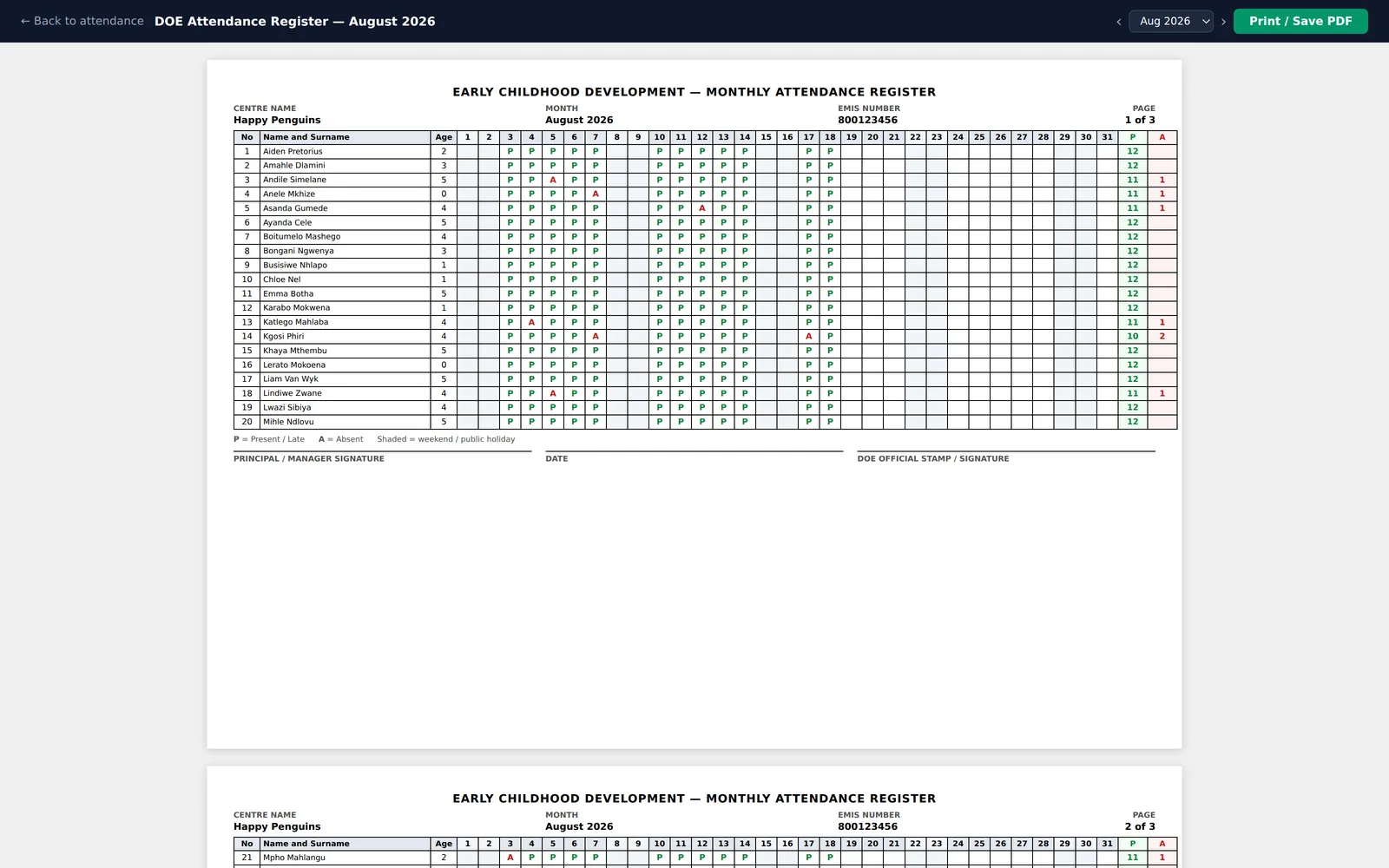 Printable DOE attendance register generated from daily attendance.