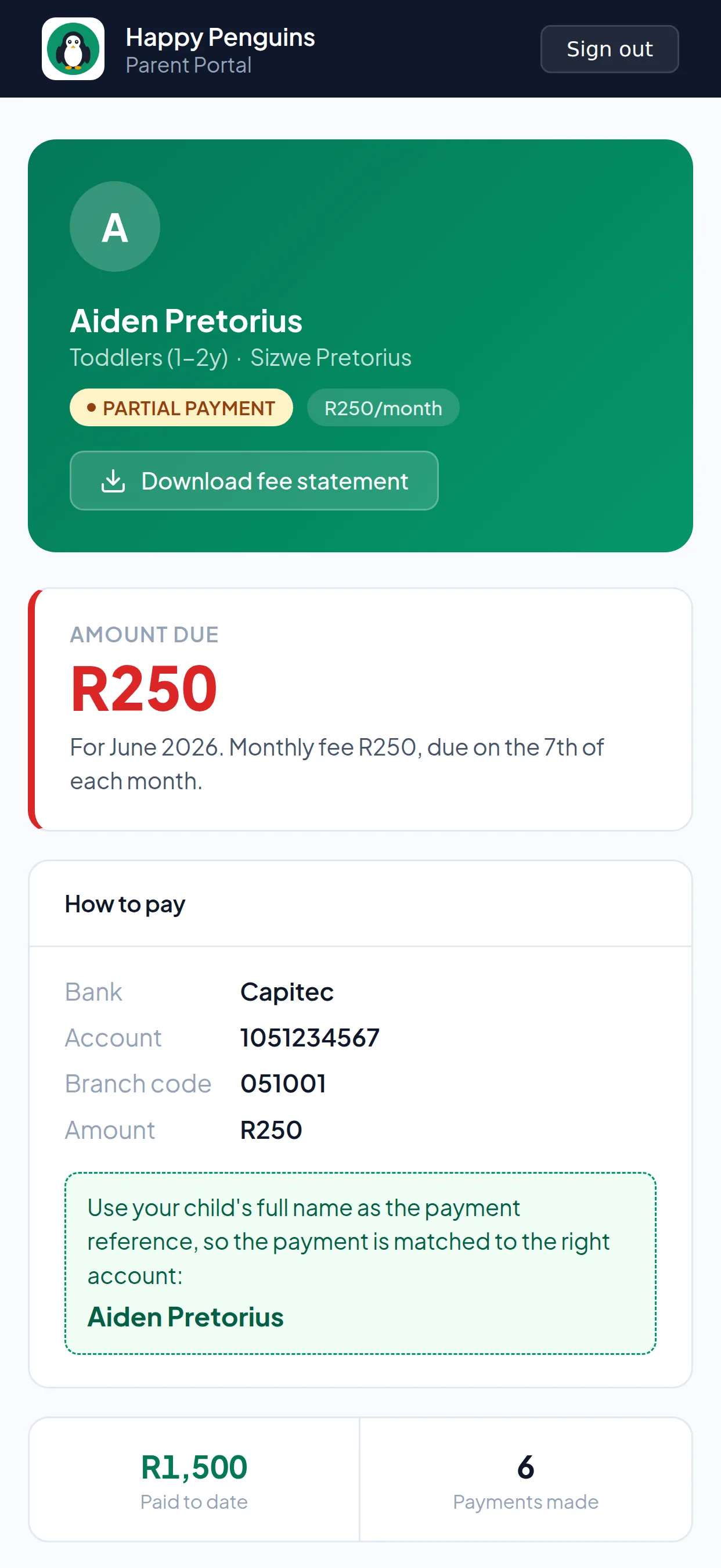 Parent portal on a phone: amount due R250 for June, the centre's banking details, and the payment reference to use.
