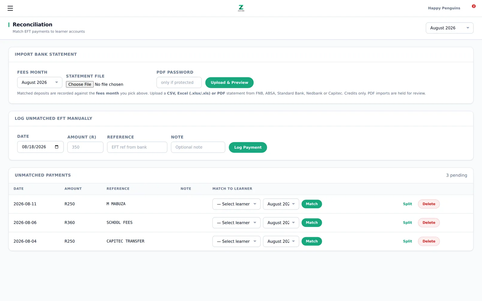 Bank statement reconciliation matching deposits to learners, with unmatched EFTs listed for review.