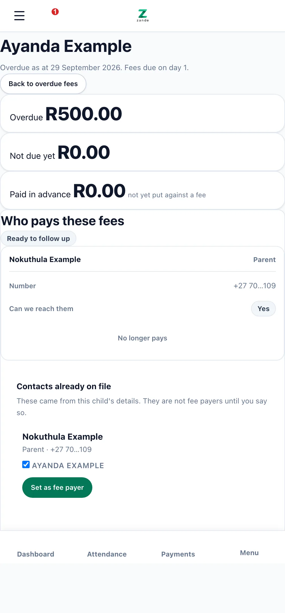 A learner account in Zande on a phone. Ayanda Example, overdue R500.00, nothing not yet due and nothing paid in advance, with the fee payer Nokuthula Example listed below.