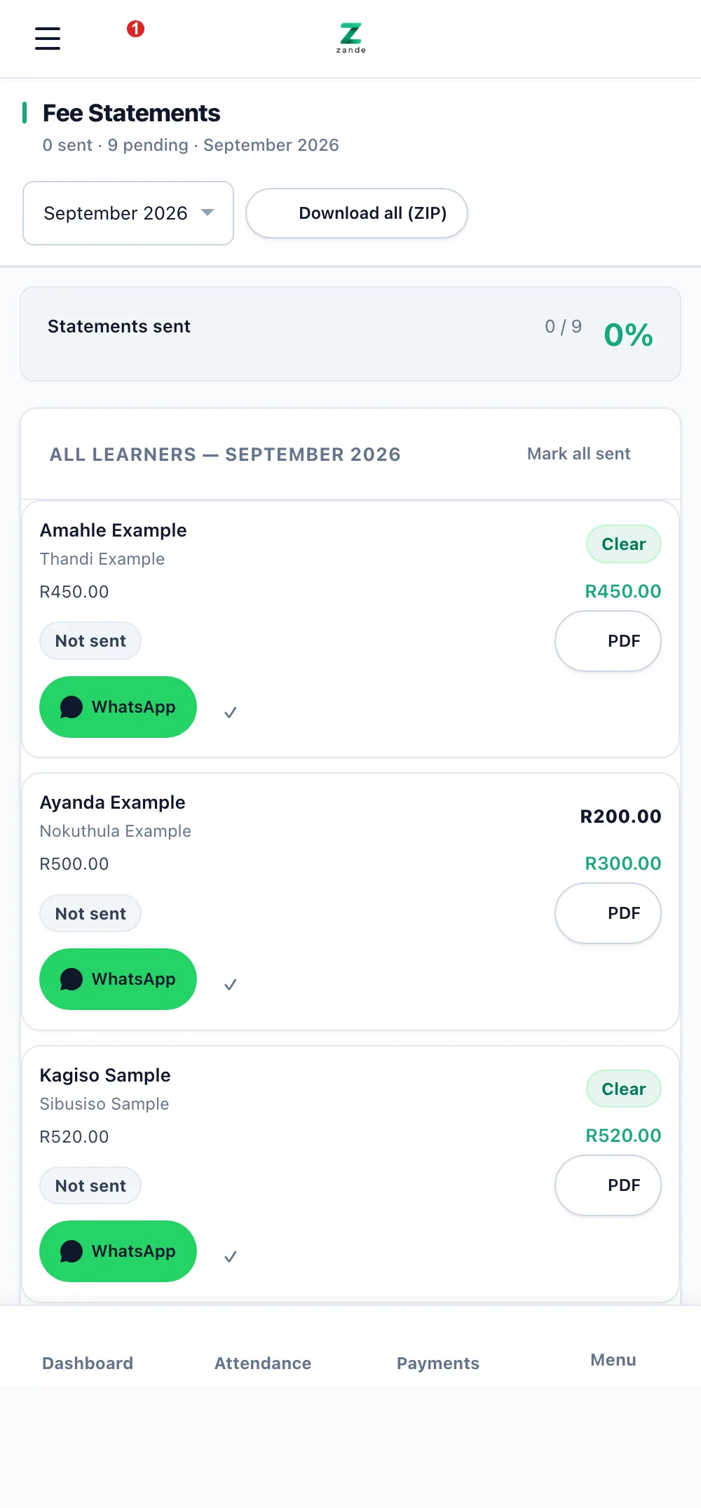 The Fee Statements screen for September. Ayanda Example shows R500.00 charged, R300.00 paid and a R200.00 balance, with a PDF button and a WhatsApp button beside it.